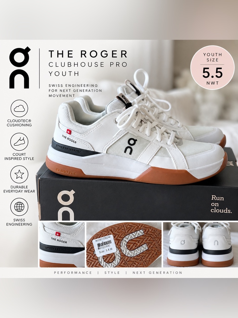On The Roger Clubhouse Pro Youth 5.5 White Gum Tennis Sneakers NEW NWT